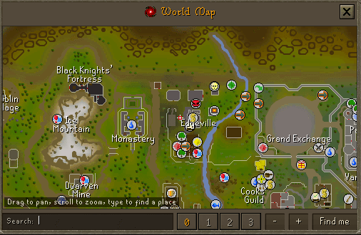The world map open over Edgeville, with the Grand Exchange, Ice Mountain and the Monastery labelled by name