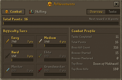 The Achievements window on its Combat Overview, showing the six difficulty tiers with their task counts and points beside a profile of kill counts