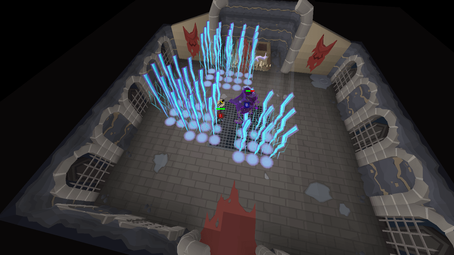 Calvar'ion's lightning covering the floor of the Skeletal Tomb, fought at close range in the centre of the room