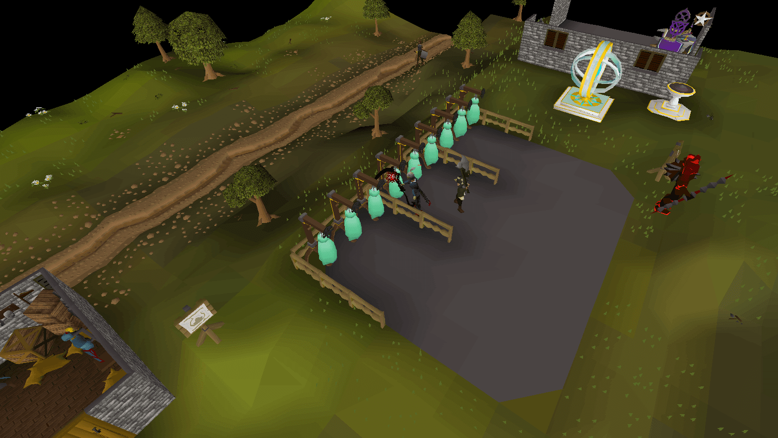 The fenced combat dummy pen at home, a player hitting the front dummy for a 26, with the portal nexus and altar on the rise behind