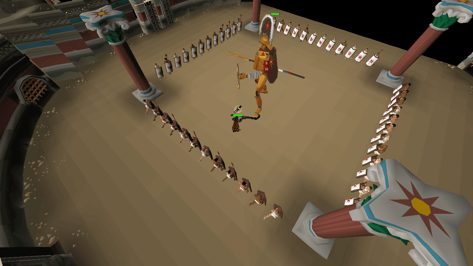 Sol Heredit mid-swing in the centre of the Fortis Colosseum, with ranks of shield-bearing gladiators lining the sand
