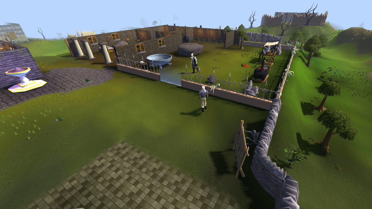 The Rest Yard in south Edgeville seen from outside its south fence, with the pool, tea stall, cooking range and spinning wheel among the stations inside