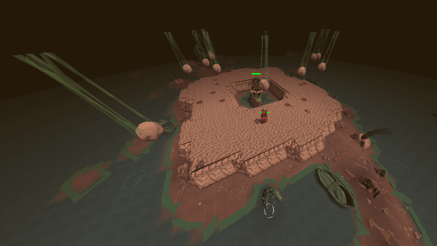 The Leviathan's arena from above, the boss on its raised platform in the centre of the sunken island while the player fights from below it