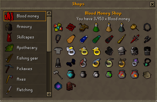 The Shops window with every shop in the game listed down the left rail and the blood money counter's stock laid out beside it