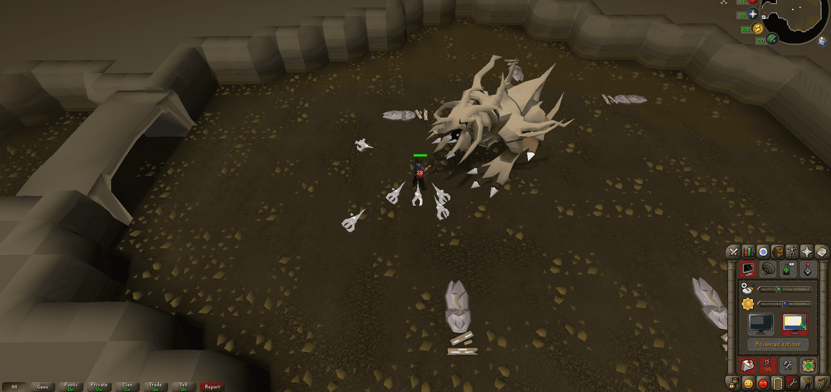 The Corporeal Beast mid-fight in its lair, its area attack landing on the tiles around the player for 28