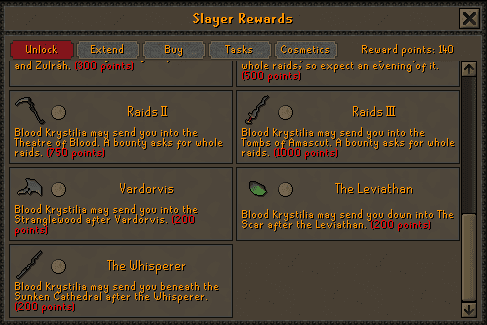 The Unlock tab of the Slayer Rewards screen, scrolled to the content unlocks for Raids II and III, Vardorvis, the Leviathan and the Whisperer with their point costs