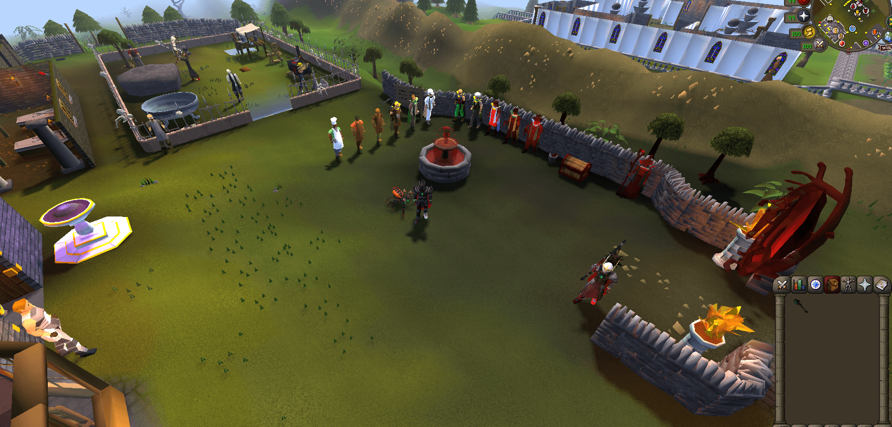 The new skilling masters standing in a row at home, with the blood fountain in front of them