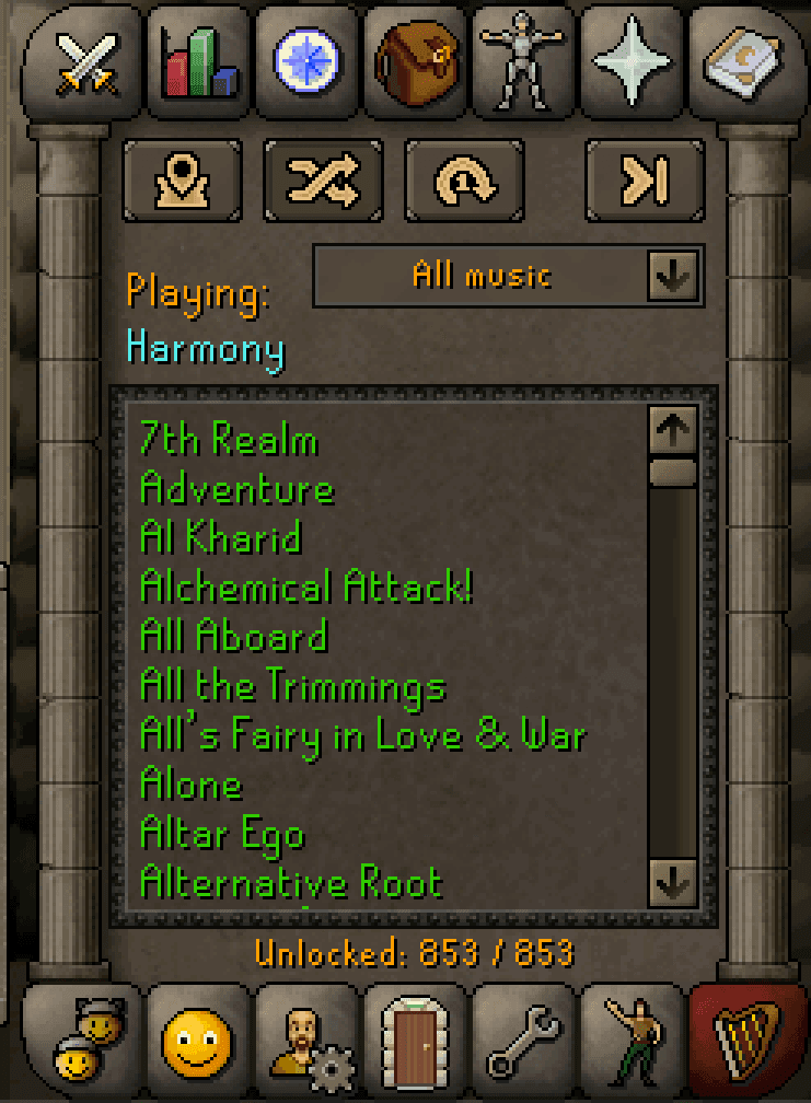 The music tab open in the sidebar with Harmony playing and 853 of 853 tracks unlocked