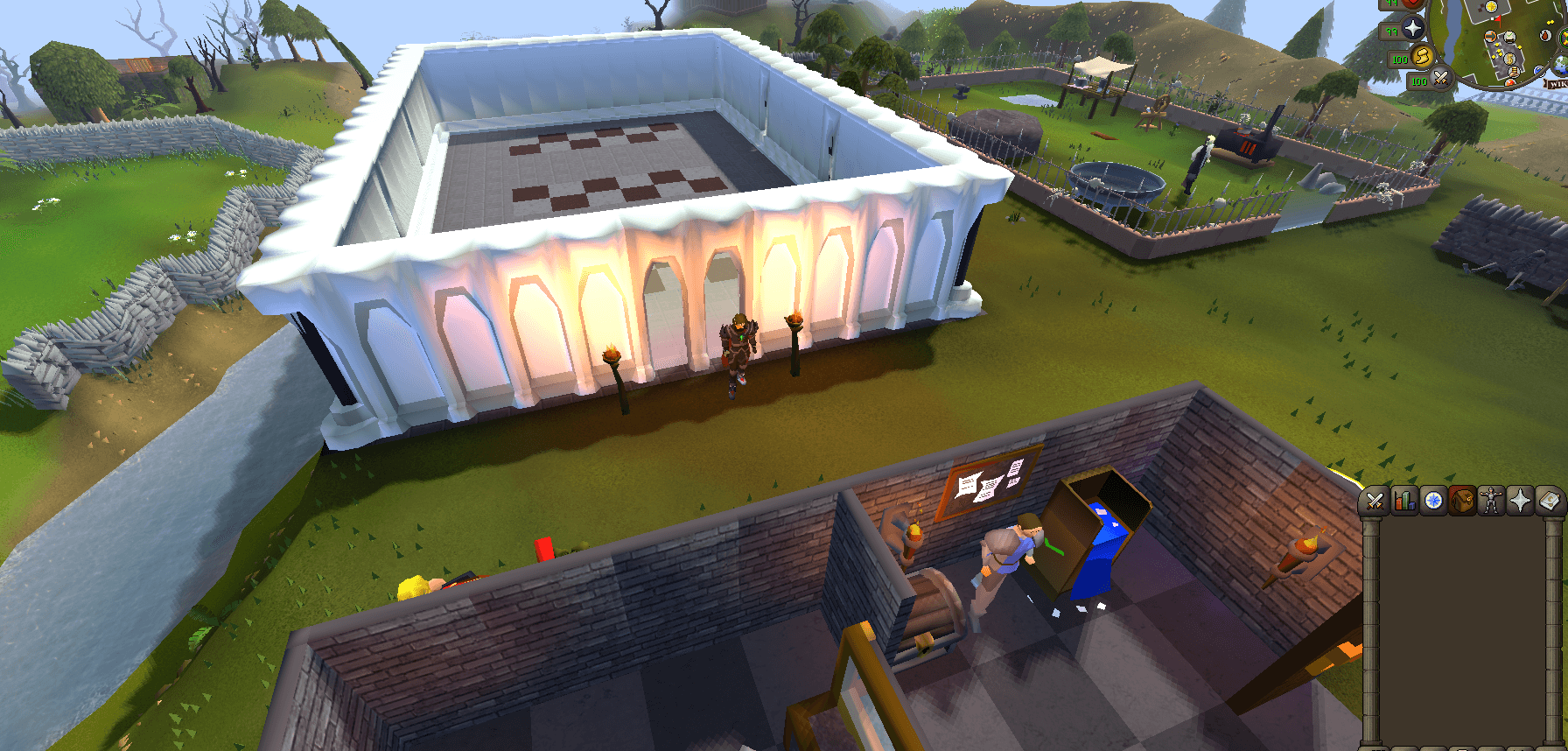 The gambling house at home, torches either side of the doorway and the chequered flower poker floor visible over the wall