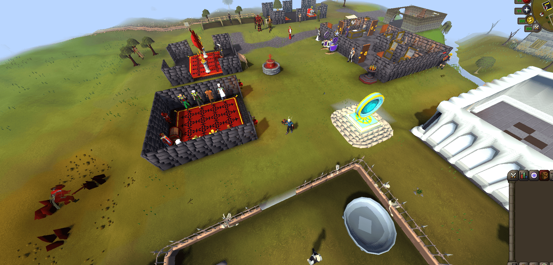 The rebuilt home from above, with the blood fountain and the cobbled path through the centre, the walled skilling halls and the shop building either side of it, the teleport portal on its platform and the gambling house at the lower right