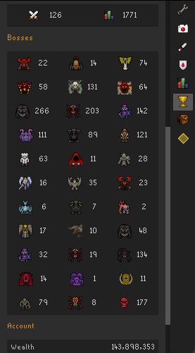 The hiscore panel's Bosses section after a lookup, a kill count beside each boss icon, with combat and total level along the top