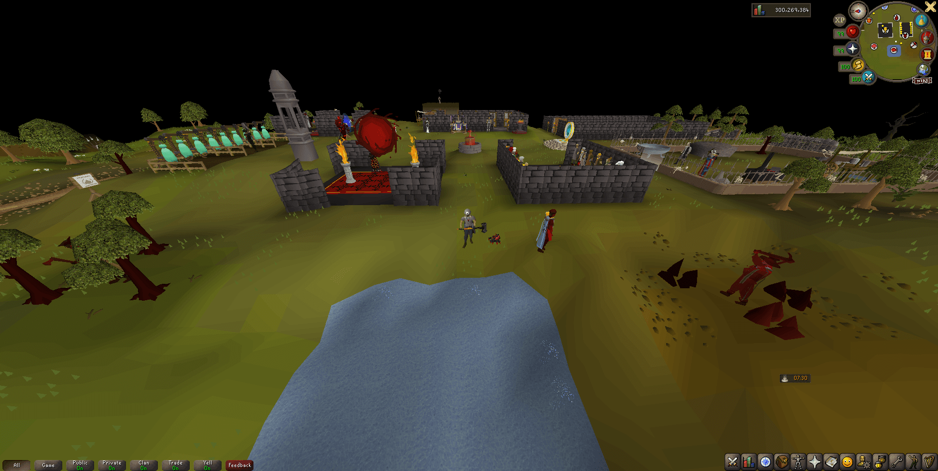 Home looking north across the blood fishing pond in the resizable-modern game frame, with spots breaking the water in the foreground and the blood quarry over on the right