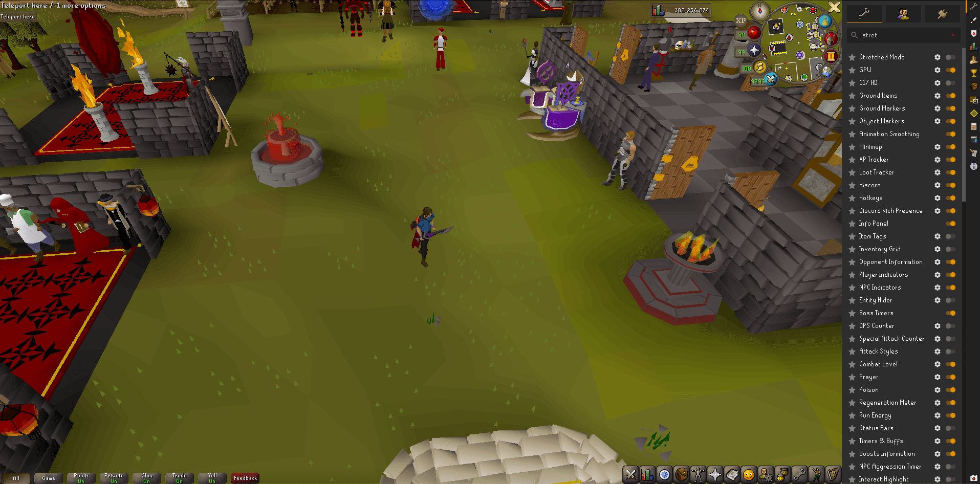 The home courtyard with the RuneLite plugin panel open down the right, its toggle list running from Stretched Mode and GPU through the ground, combat and tracker plugins
