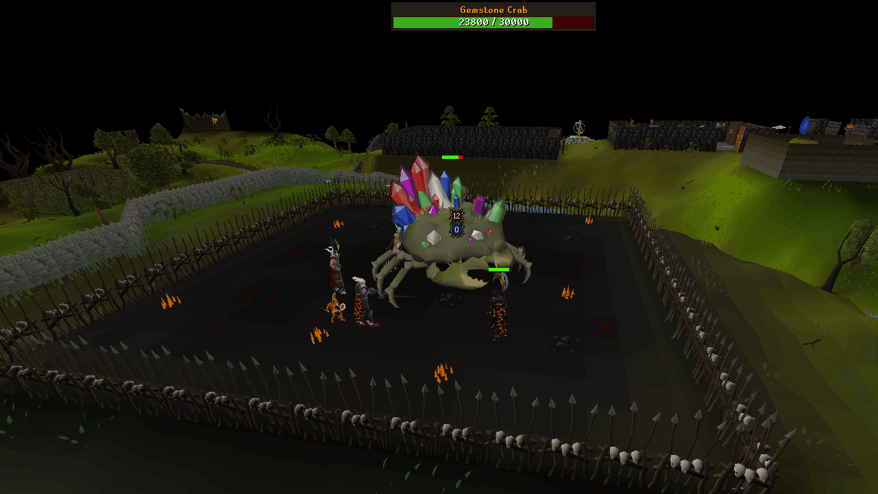 The Gemstone Crab in the home events arena, crystals up on its shell, three players fighting it and the boss health bar reading 23800 of 30000