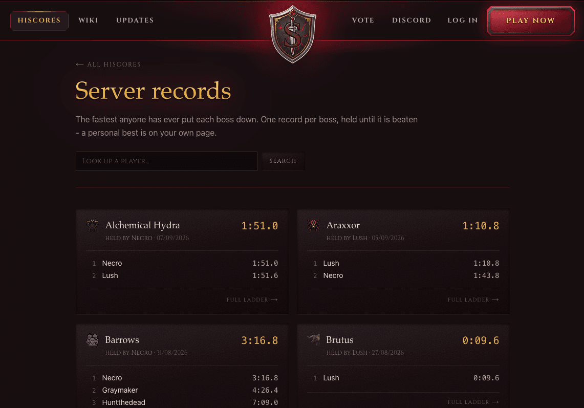 The Server records page on the site, a card per boss showing the record holder and the date they set it, with the fastest few times listed underneath