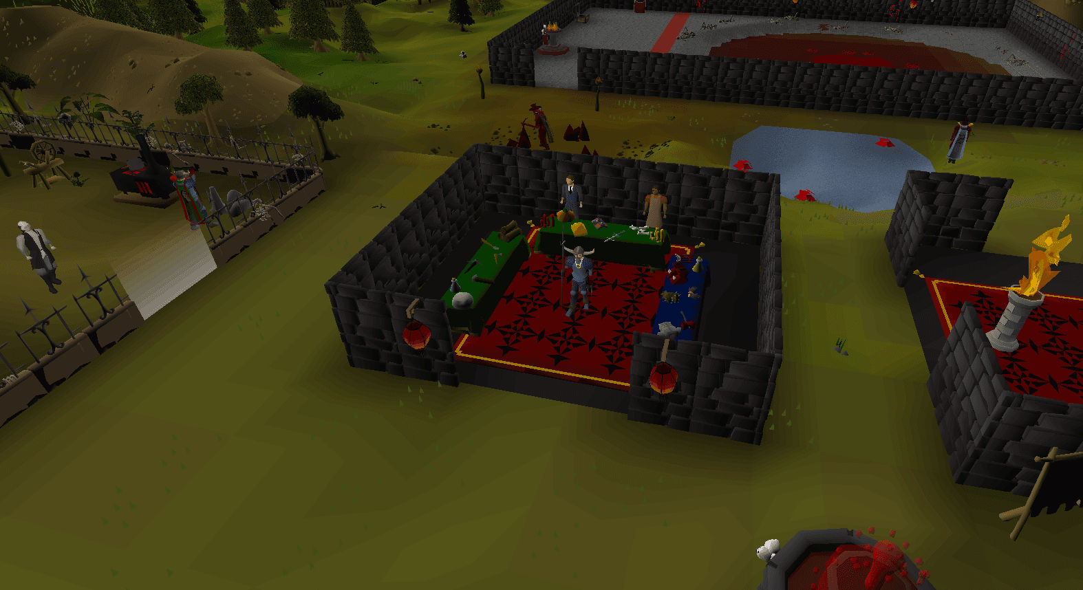 The trading hall at home, with the three desks laid out around the carpet and a keeper standing behind each