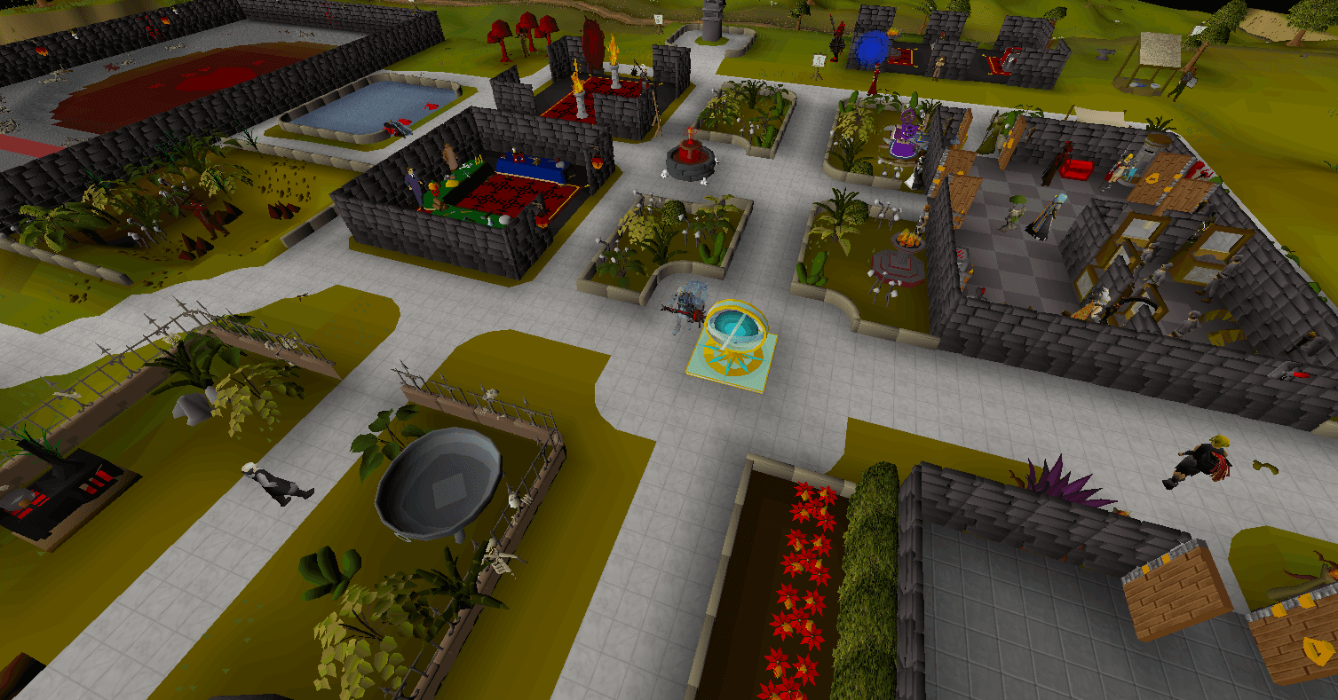 The rebuilt home from overhead, the glowing teleport ring at the centre of the paved crossroads with walled garden plots around it