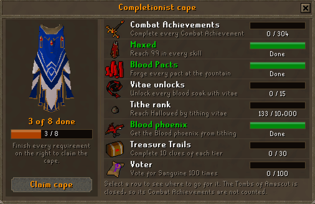 The Completionist cape screen: the cape preview at 3 of 8 done beside the eight requirements, each with its own progress bar