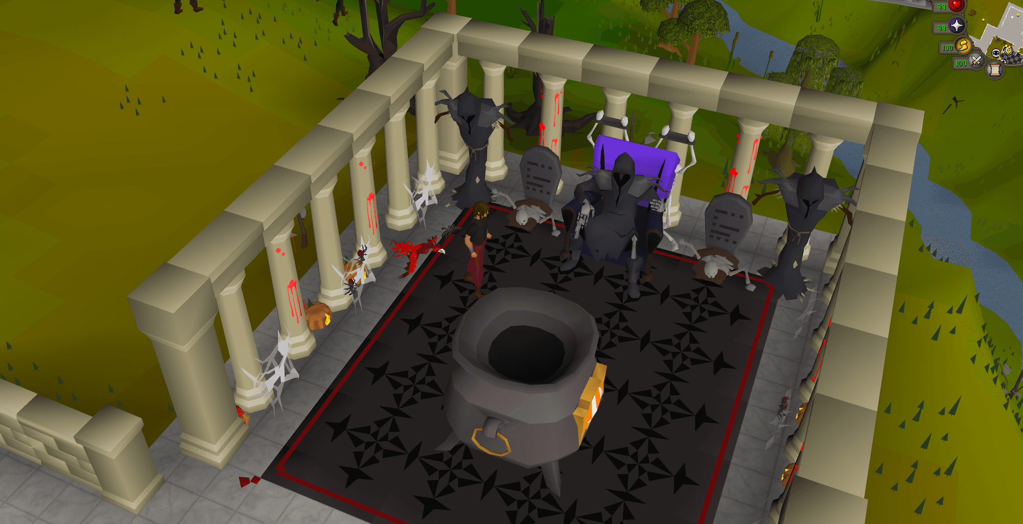 The Grim Reaper on his throne in Death's court at home, gravestones and skeletons either side and the great cauldron on the rug in front