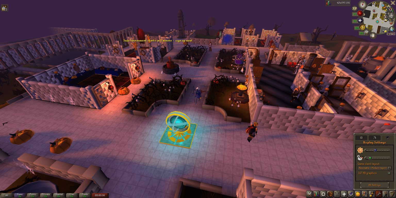 The home plaza at dusk with 117 HD graphics on, lit lanterns and long shadows across the Halloween dressing