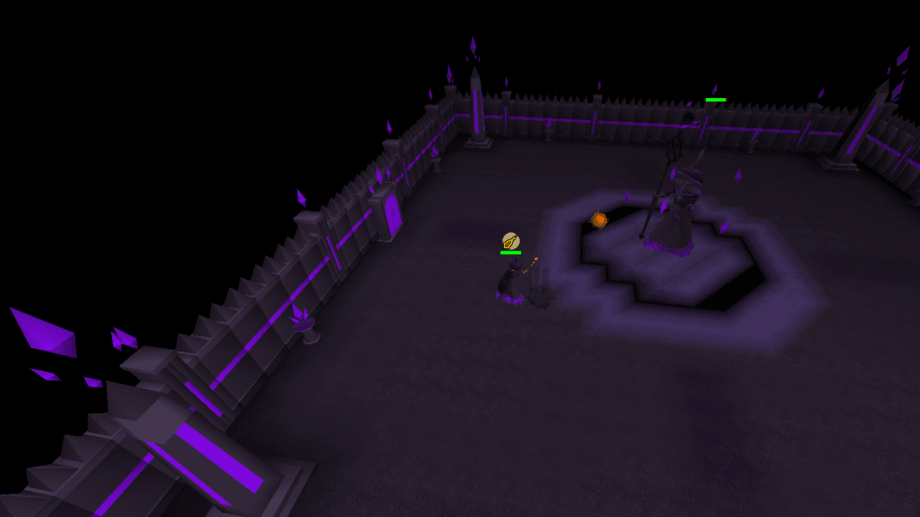 Shadow General Umbra on the dark dais in the centre of its walled lair, purple crystals along the walls, with a player fighting it mid-arena