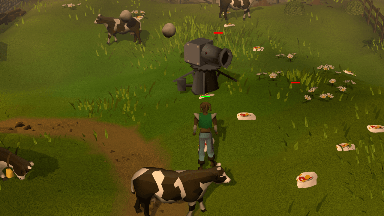 A dwarf multicannon firing in the Falador cow field, with two cannonballs in the air and cows taking hits around it