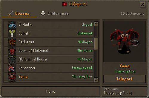 The Teleports window on its Bosses tab, one boss per row with its requirement beside it, Yama picked out of the list and drawn in the preview pane