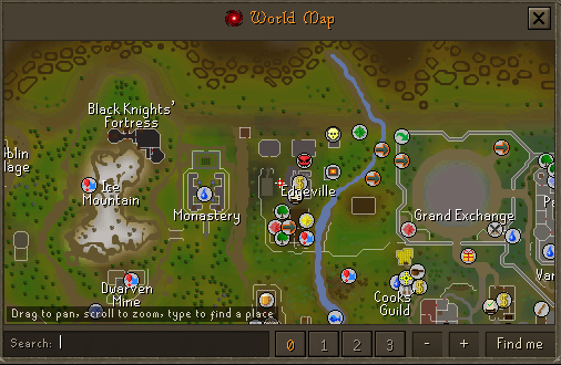 The world map open over Edgeville, with the Grand Exchange, Ice Mountain and the Monastery labelled by name