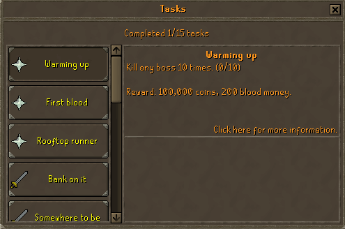 The Tasks window with today's three daily tasks at the top of the list and one selected to show its progress and reward
