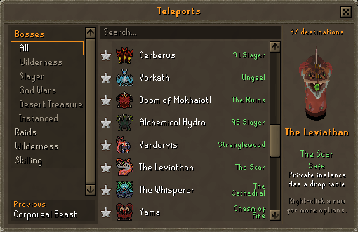 The Teleports window on the Bosses category, each row wearing a favourite star and the boss's own icon, with the Leviathan in the preview panel