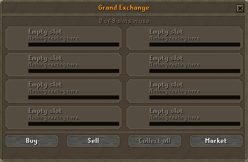 The Grand Exchange window with no offers running, all eight slots reading Empty slot and Buy, Sell, Collect all and Market along the foot