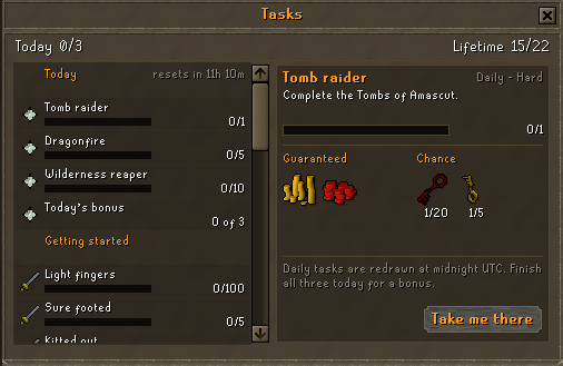 The Tasks screen with Tomb raider selected, the three daily tasks and the start of the lifetime list down the left, and the task's guaranteed and chance rewards with a Take me there button on the right