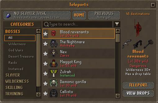 The redesigned Teleports window on the Bosses category, with the task band, starred favourites and a preview of Blood revenants