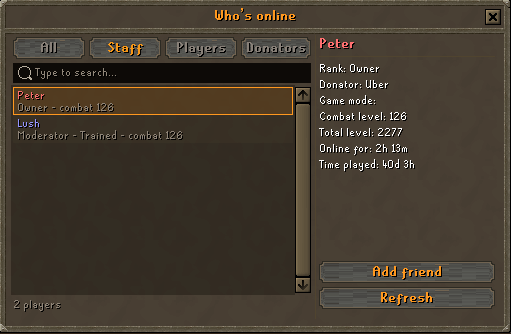 The Who's online screen on the Staff tab, with its filters, search box and the picked player's facts