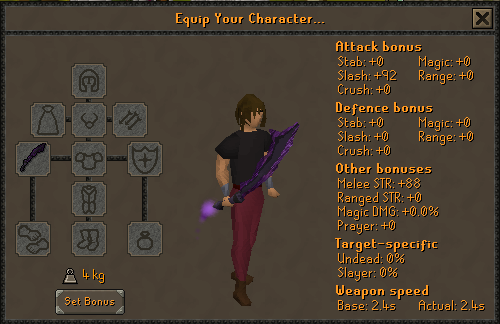 The Umbral scimitar worn, its dark violet blade held across the body with purple particles drifting off the pommel
